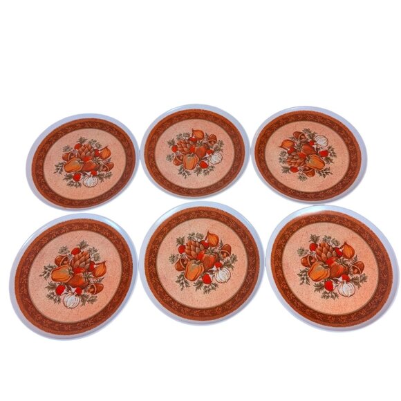 Retro Melmac Melamine 9" Plates Set of 6 VTG Autumn Harvest Mushroom Vegetable - Picture 1 of 12